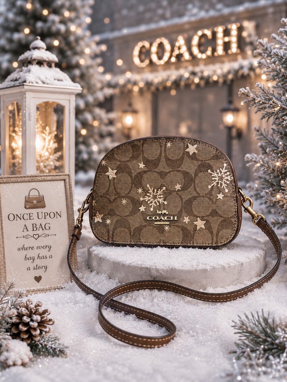 COACH Brown Signature Dome Crossbody Bag with Snowflake Accent